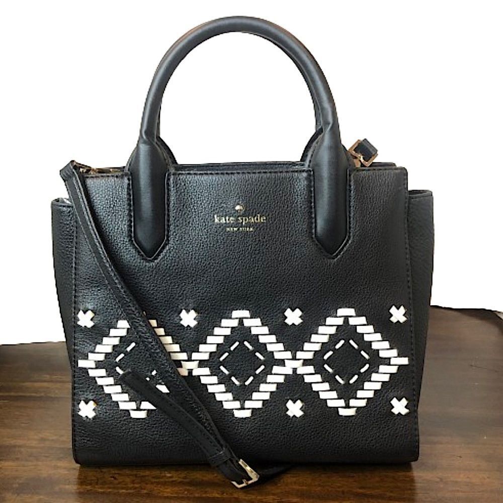 KATE SPADE Black Leather Crossbody w Woven White Leather Diamond Argyle Pattern